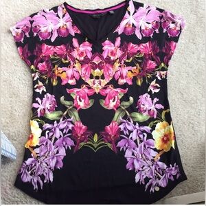 Ted Baker London Floral Orchid Short Sleeve Tee Black, Pink, Purple Size 1 = XS